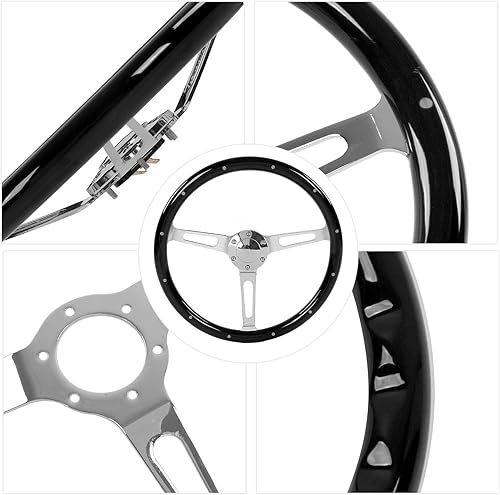 Miniatura 6 de Volante retro, 14.961 in 15 pulgadas, montaje clásico de volante de nogal agarre de 3 radios remachado 6 agujeros modificación universal (negro)