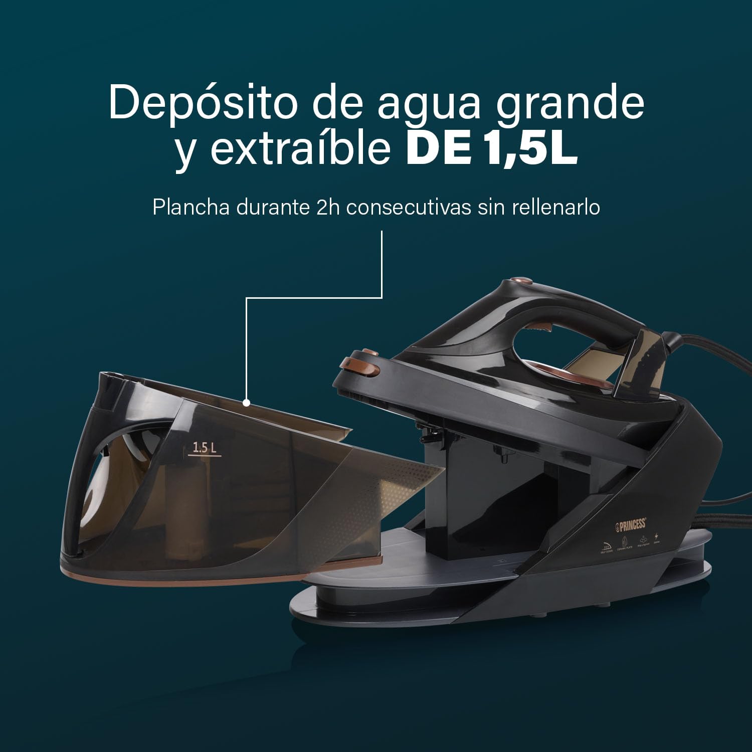 Princess Centro de planchado, 3000 W, 7,5 Bar de Presión, Depósito Extraíble de 1,5 L, Suela de Cerámica, 70 g/min Vapor Continuo, 250 g/min Golpe de Vapor, Apagado Automático, 323090