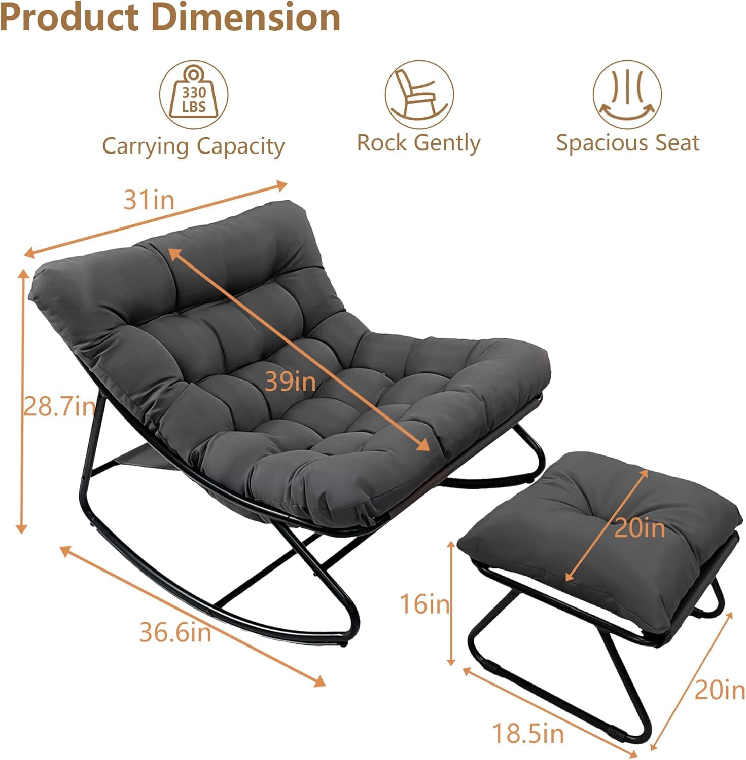 Schaukelstuhl Outdoor mit Hocker, Outdoor Schaukelstuhl Wetterfest, XXL Schaukelsessel Relaxstuhl, Relaxstuhl mit Gepolstertem Kissen, bis 150 kg, Schaukelliege für Garten, Balkon, Terras (Grau)