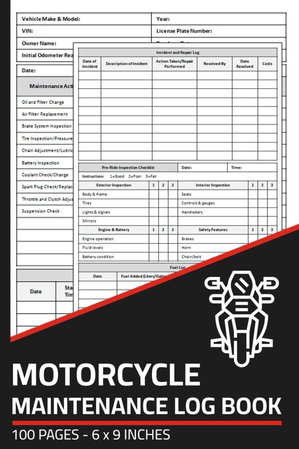 Motorcycle Maintenance Log Book: Motorcycle Repair & Service Record with Daily Pre-Ride Inspection Checklist | Maintenance Logbook for Motorcycles
