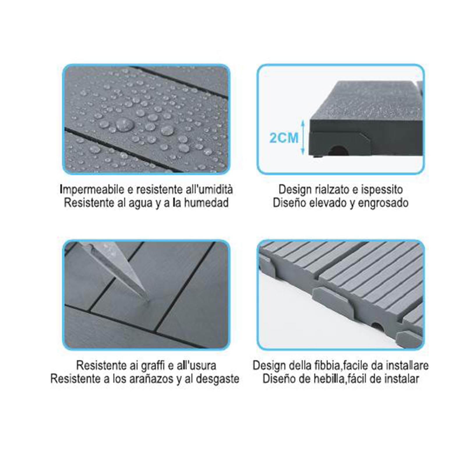 Azulejos de plástico para jardín, 30 x 30 cm, baldosas de PVC, color negro café, suelo empotrable, total 0,9 m², recortables, 10 unidades