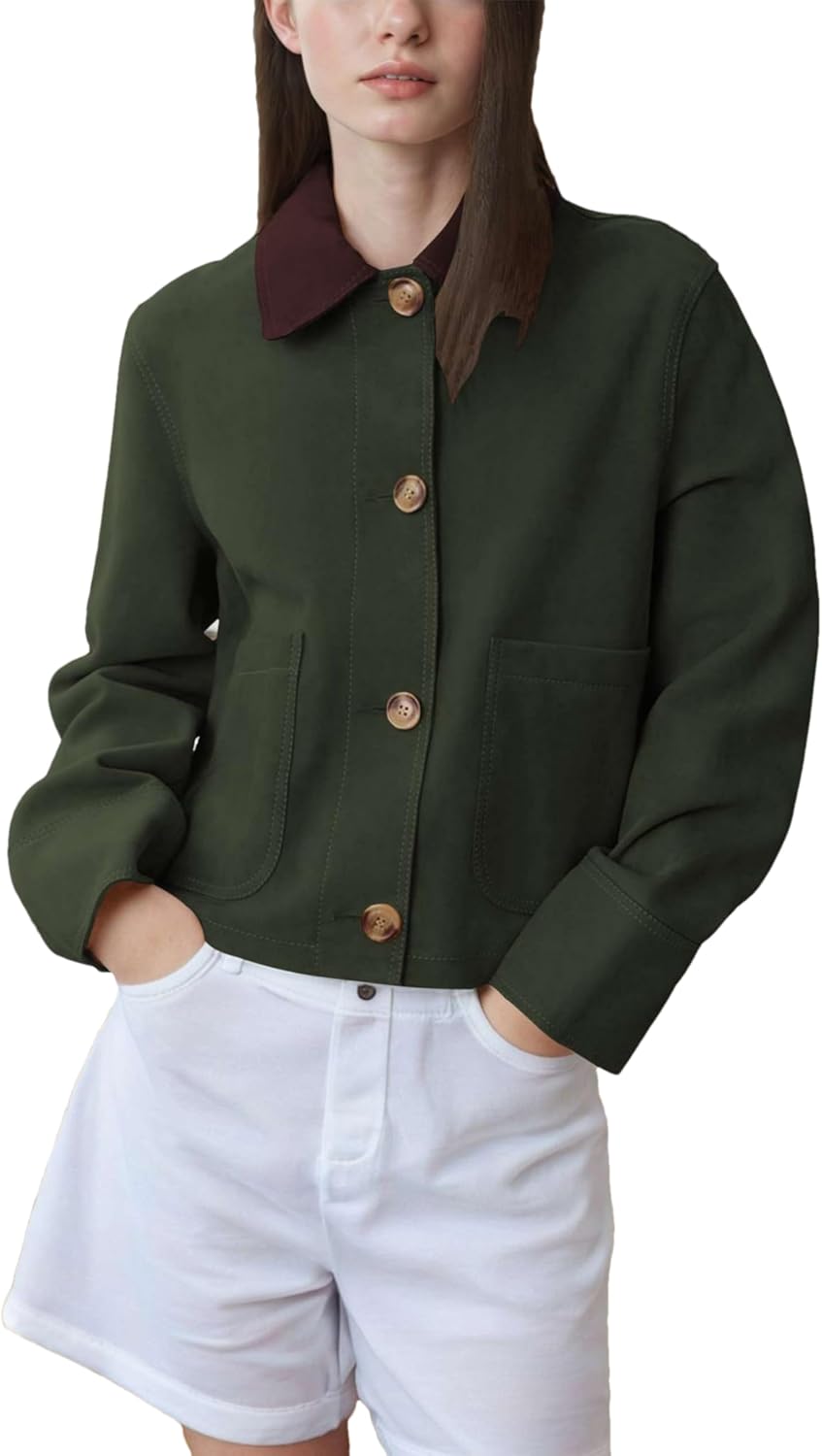 Mingzhu Women's Fall Faux Suede Contrasting Lapel Collar Jacket Long Sleeve Vintage Button Down Shackets with Pockets - Image 2