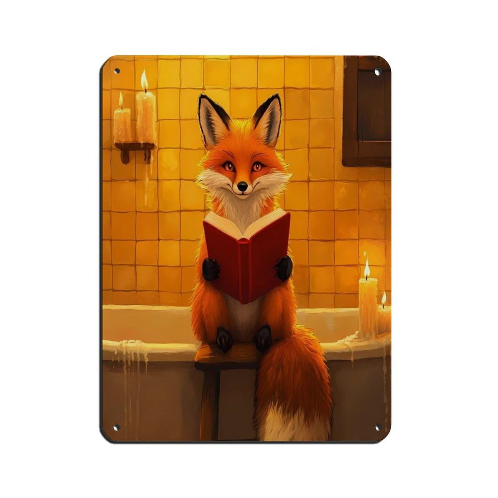 Whimsical Fox Reading Tin Sign Vintage Metal Pub Club Cafe Bar Home Wall Art Decoration Poster Retro 12x16inch(30x40cm)