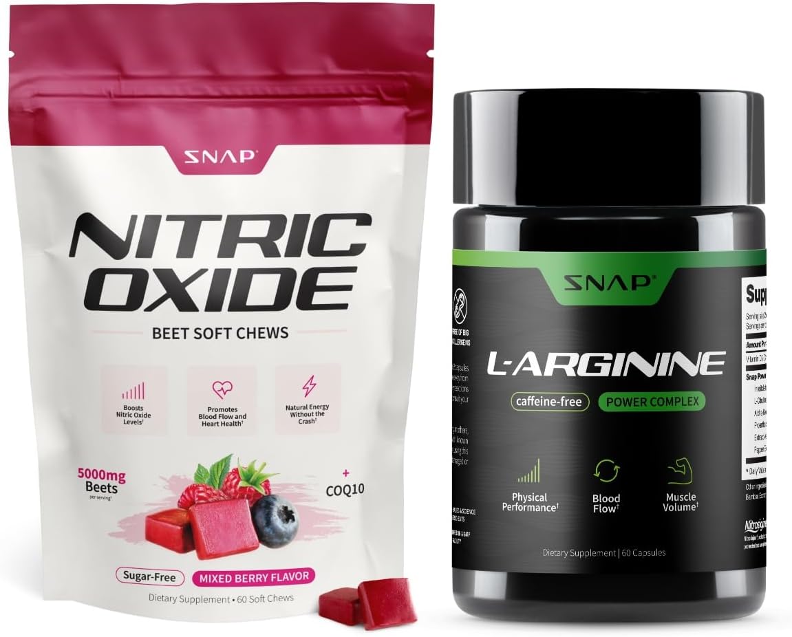 Snap Supplements Nitric Oxide Beet Root Soft Chews + L-Arginine Capsules Bundle, 60 Sugar-Free Soft Chews + 60 Vegetarian Capsules