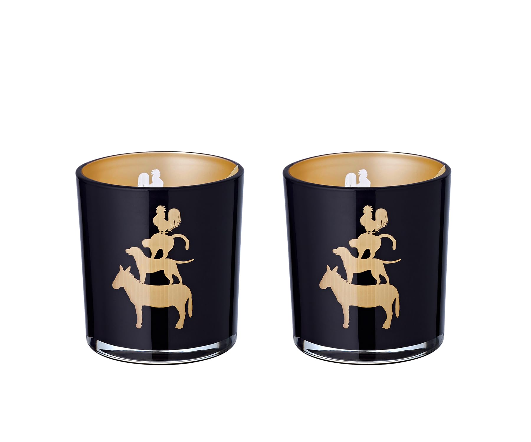 EDZARD Set of 2 Tealight Holders Town Musicians of Bremen (H 8 cm, Ø 7.5 cm), black glass with luminous motif, for tealights – Glass tealight holder, Black gold candle holder, Animal décor, Christmas