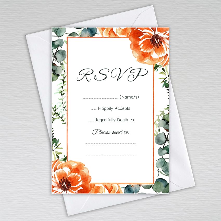 Webspectations Pack of RSVP Cards with Envelopes: Burnt Orange Floral Wedding RSVP Cards (Pack of 50 with Envelopes)