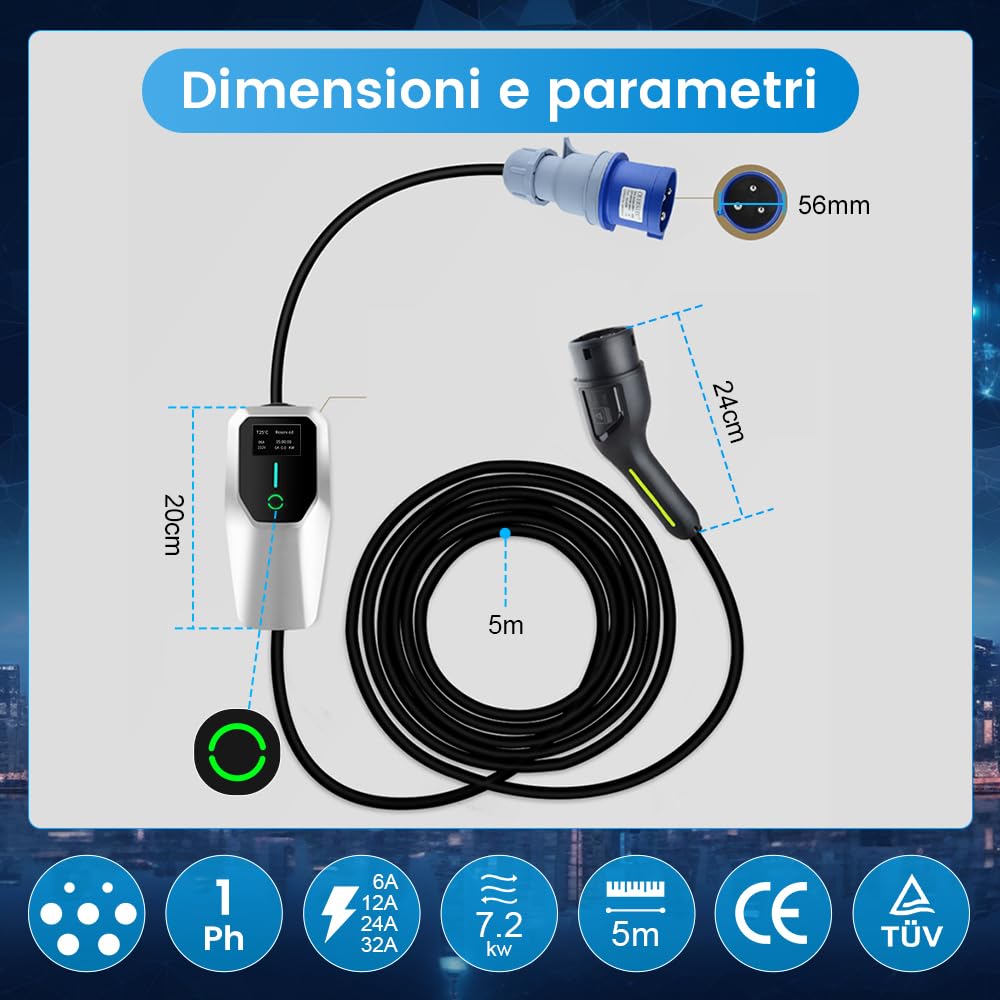 AWESAFE Caricabatterie per Veicoli elettrici, EV Charger Cavo Ricarica Auto elettrica Tipo 2,con Spina Blu CEE (Tipo 2 | 5M, 7,2KW | 32A) Adatto per Model Y/3, 500e, e-208 e Altri EV/PHEV