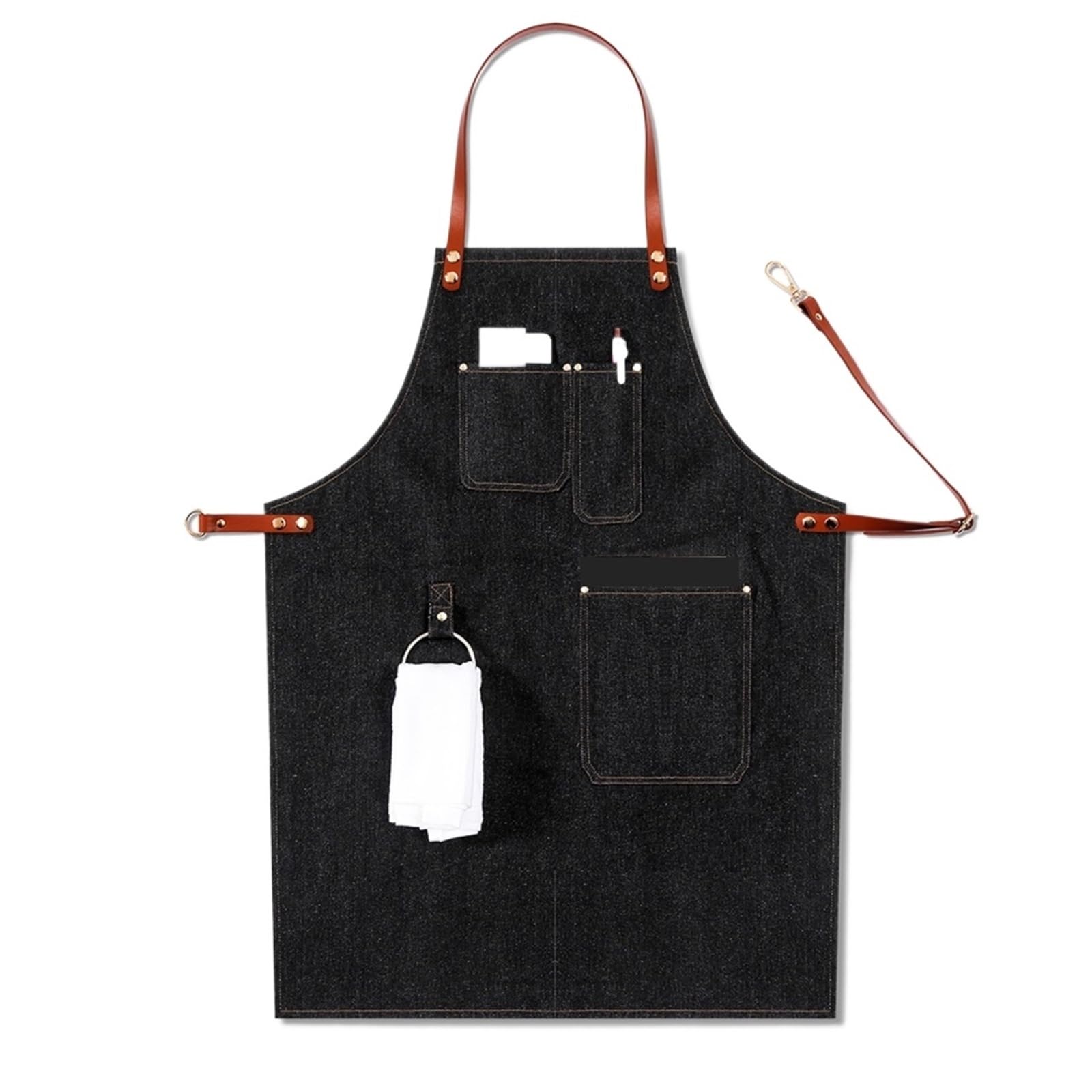 Delantal de Trabajo Ajustable y extraíble con Correa de Cuero y múltiples Bolsillos for Barista, Uniforme de Chef, Camarero, Vaquero, 2 Unidades para Hombres(Black C)