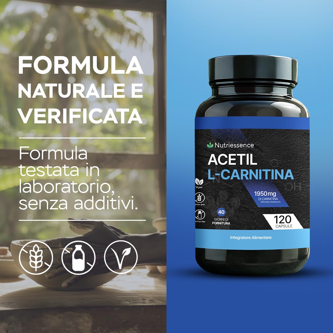 Acetil L-Carnitina 1950 mg Extra Dosaggio | 120 Compresse Maxi Formato fino a 2 Mesi | Integratore Naturale per Energia, Metabolismo,Concentrazione e Forza Mentale |Senza Glutine e Lattosio |