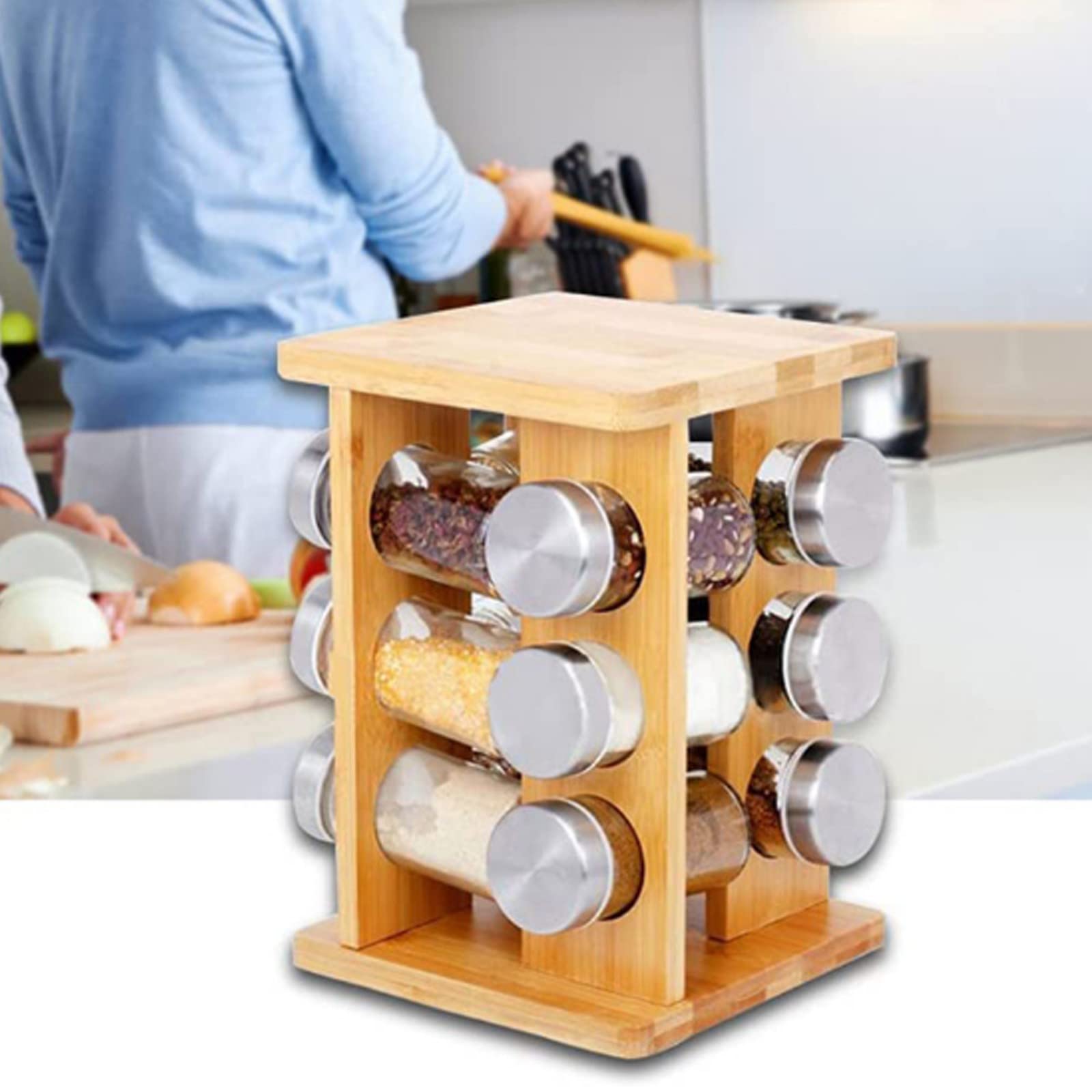 Gewürze Regal, Gewürzregal aus Holz Gewürzregal Stehend 360°drehbar Gewürzregal, fur Küche Gewürzdosen Organizer