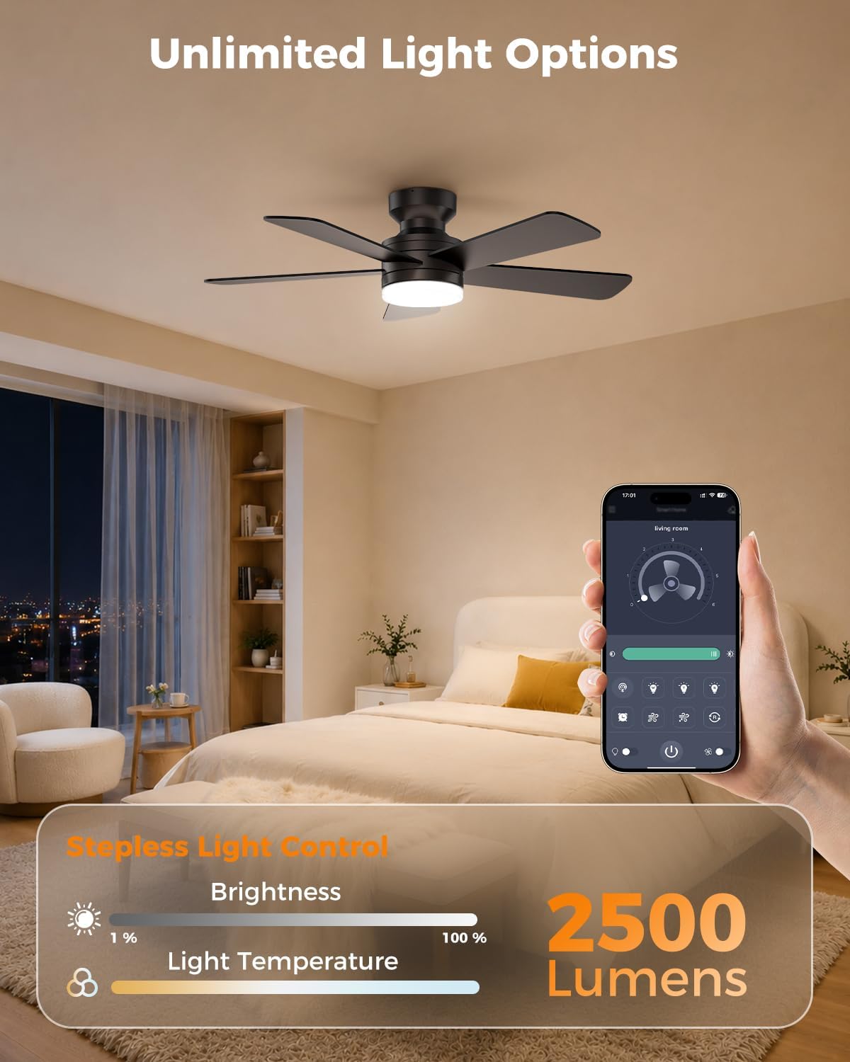 42 Inch Low Profile Ceiling Fan with Light and Remote, Black