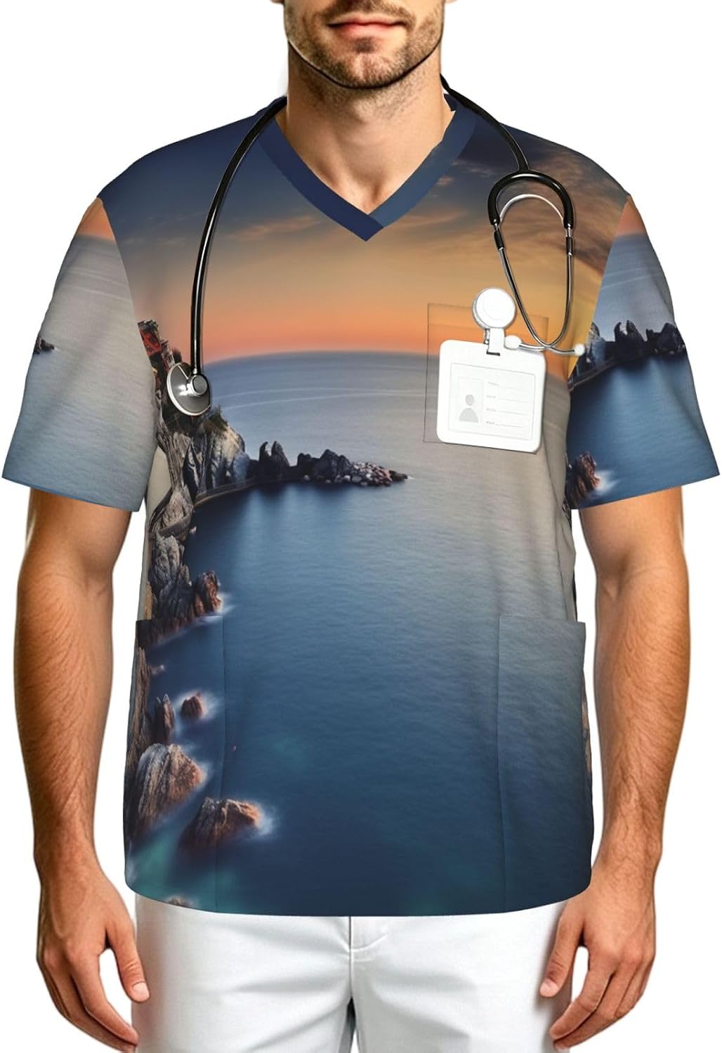 Professional Scrub Tops for Men, Classic V-Neck Workwear with 3 Pockets