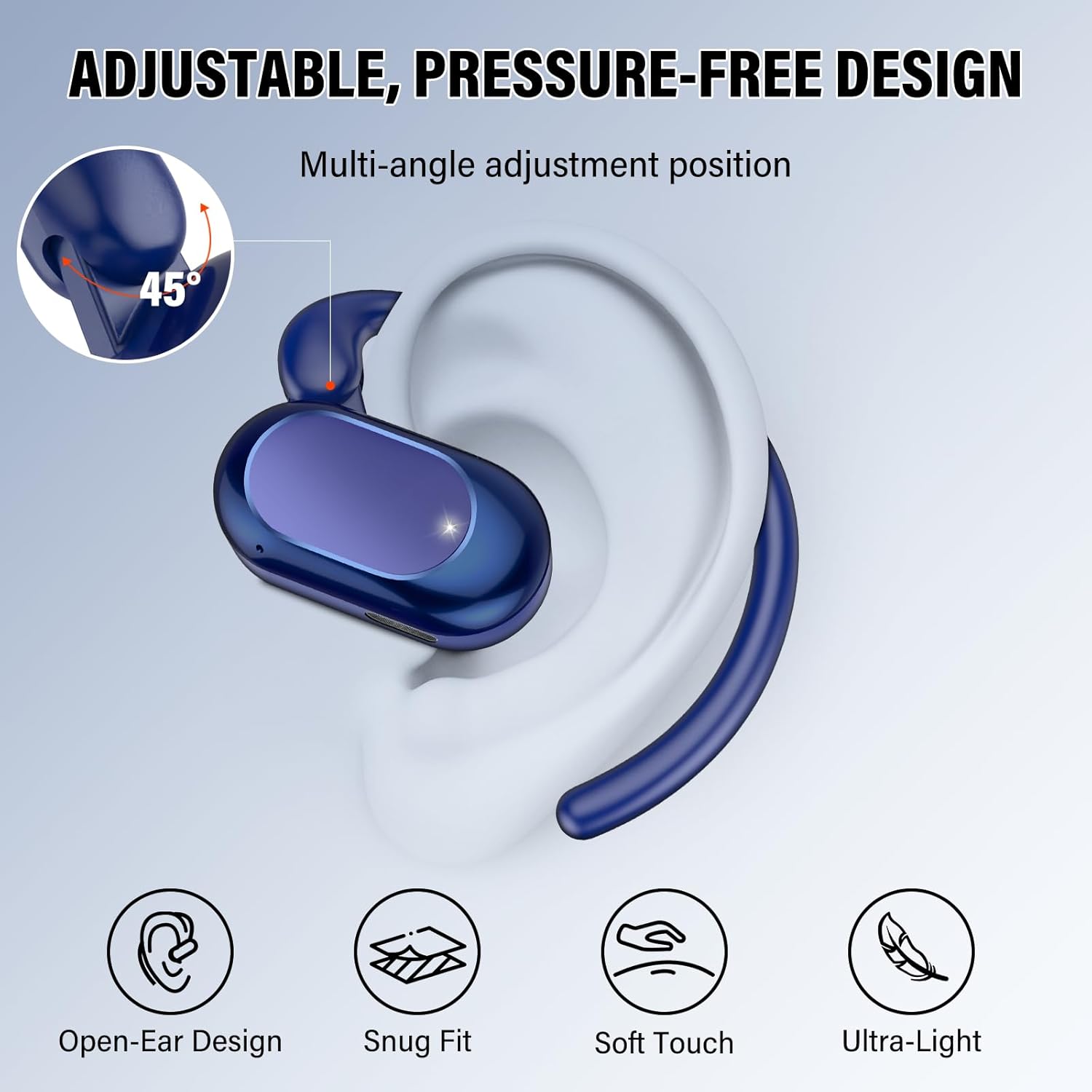 STECEi Open Ear Headphones, Bluetooth 5.4 Earphones 36H Playtime Air Conduction Headphones with Mic, Adjustable Earhook Earbuds with ENC Clear Calls/LED Display, IPX7 Waterproof Open Ear Earbuds, Blue