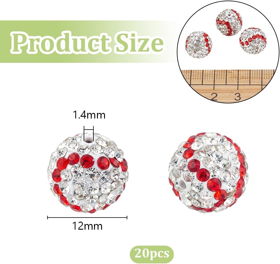 OLYCRAFT 20Pcs 12mm Rhinestone Clay Beads Baseball Rhinestone Beads Round Crystal Bead Clay Pave Bead Disco Ball Diamond Stone for Necklace Bracelet Jewelry Making Party Decoration - 1.4mm Hole