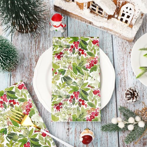 Christmas Guest Napkins Watercolor Mistletoe 3 Ply Disposable Paper Napkins Xmas Winter Berry Dinner Hand Towel Napkins for Party Table Decor, 80Pcs – Image 3