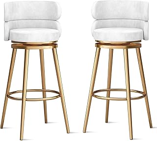 360° Swivel Bar Stools Set of 3, Velvet Padded Breakfast Bar Chairs with Backrest and Gold Metal Legs, High Back Dining Stools for Home Kitchen Counter,Pink 25.6",White-Gold Leg-2 PCS 65cm