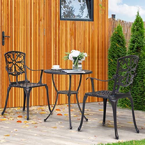 Image of NUU GARDEN 3 Piece Outdoor Bistro Set Cast Aluminum Patio Set Bistro Table Set Rustproof Patio Table and Chairs with Umbrella Hole for Backyard, Balcony, Porch, Black