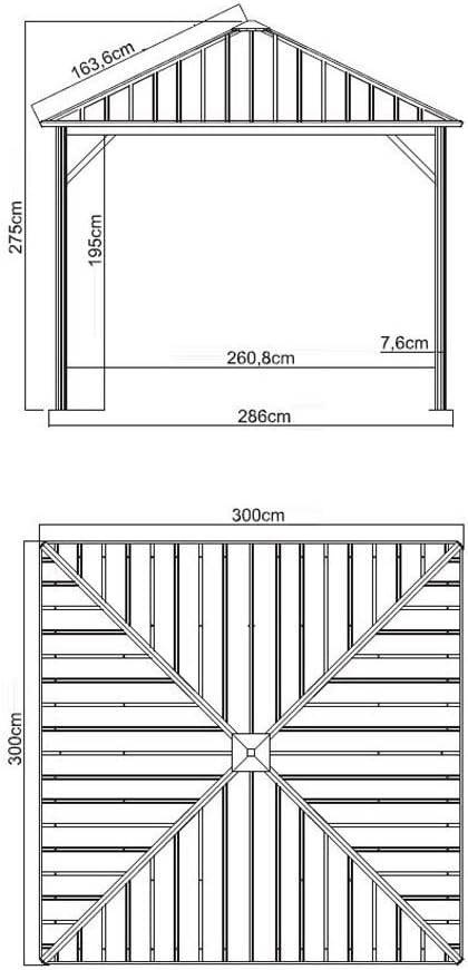Technical drawing showing dimensions of the Sojag Dakota Sun Shelter, including height, width, and roof pitch