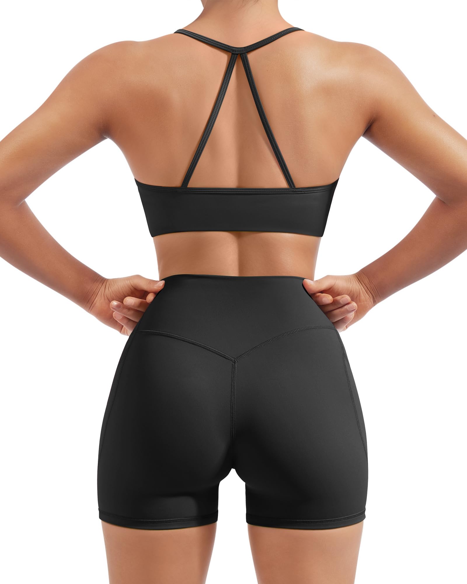 SUUKSESS Women 2 Piece Workout Sets Padded Halter Sports Bras High Waisted Biker Shorts with Pockets