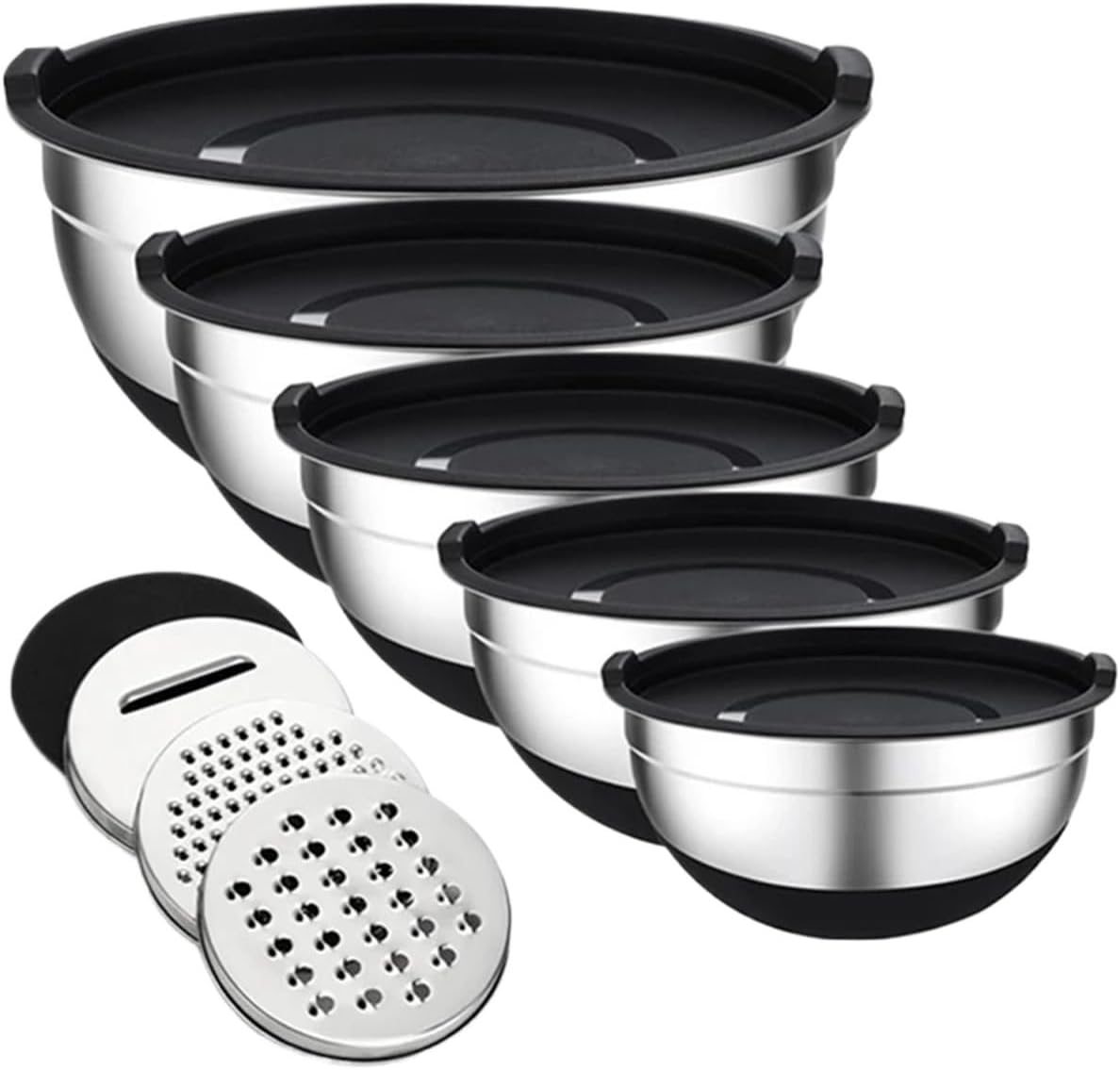 Mixing Bowls With Lids Set, 5 Pcs Stainless Steel With 3 Grater Attachments, Non-Slip Silicone Base