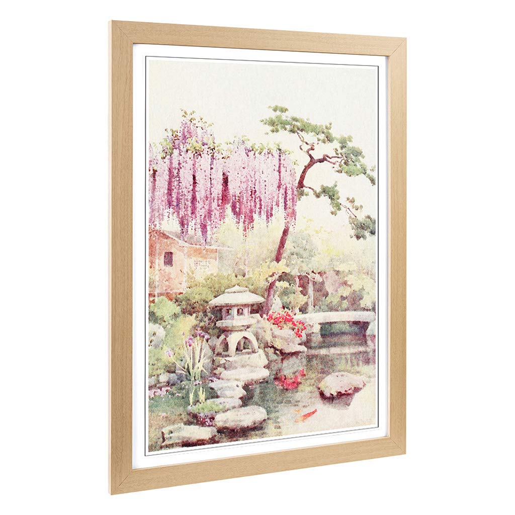 Big Box Art Framed Print of Ella Du Cane Japanese Oriental Wisteria in a Kyoto Garden Design | Wall Art Picture| Home Decor for Living Room, Bedroom, Office, Oak, A2 / 24.5x18 Inch / 62x45cm