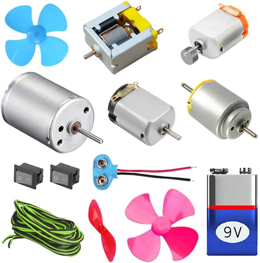 Kit4Curious Special Motor Kit - Open DC Motor, Vibration Motor, Dynamo Motor, Double Shaft Motor, DIY Toy Motor Kit with Switch, Wire, Connector, 9V Battery, Fan