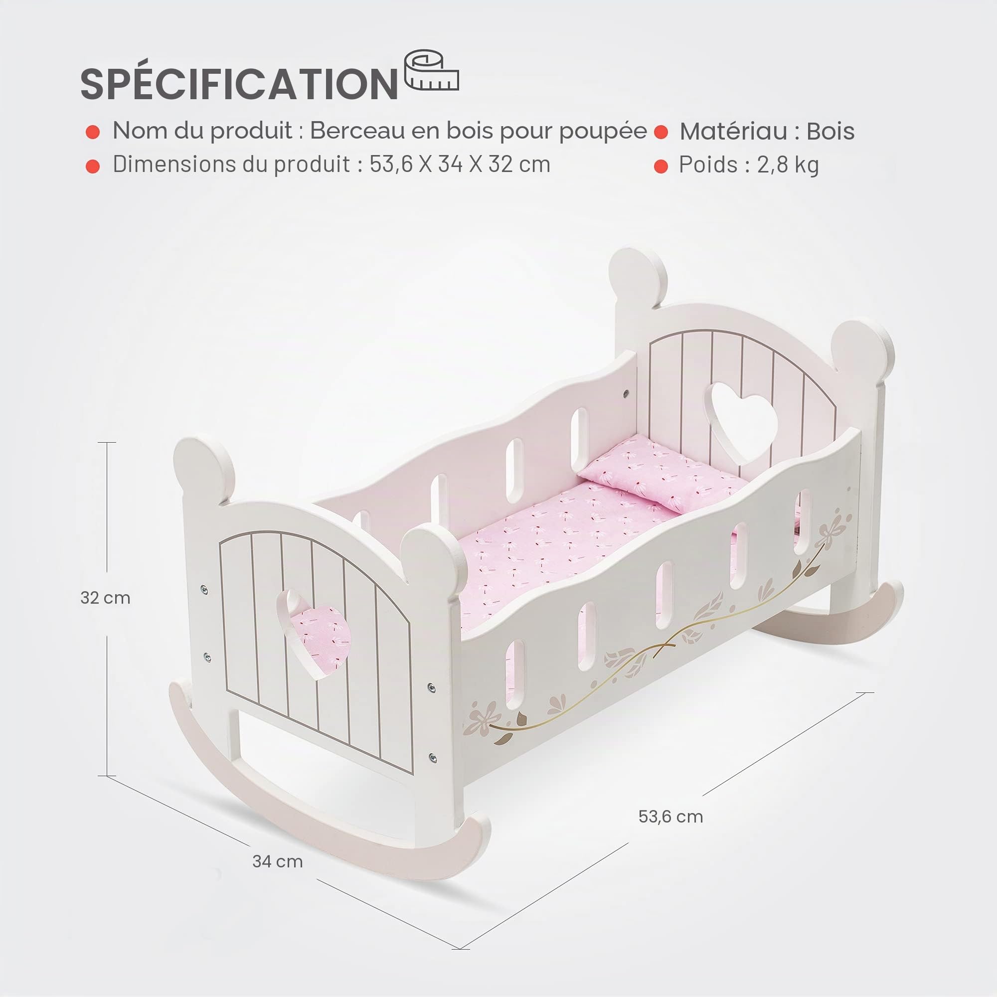ROBUD Lit Poupon Accessoires de poupée pour bébé, Lit de poupée pour poupées de 18 Pouces, Meubles Jouets en Bois pour Les Tout-Petits, Cadeaux pour Les Filles de 3 Ans et Plus