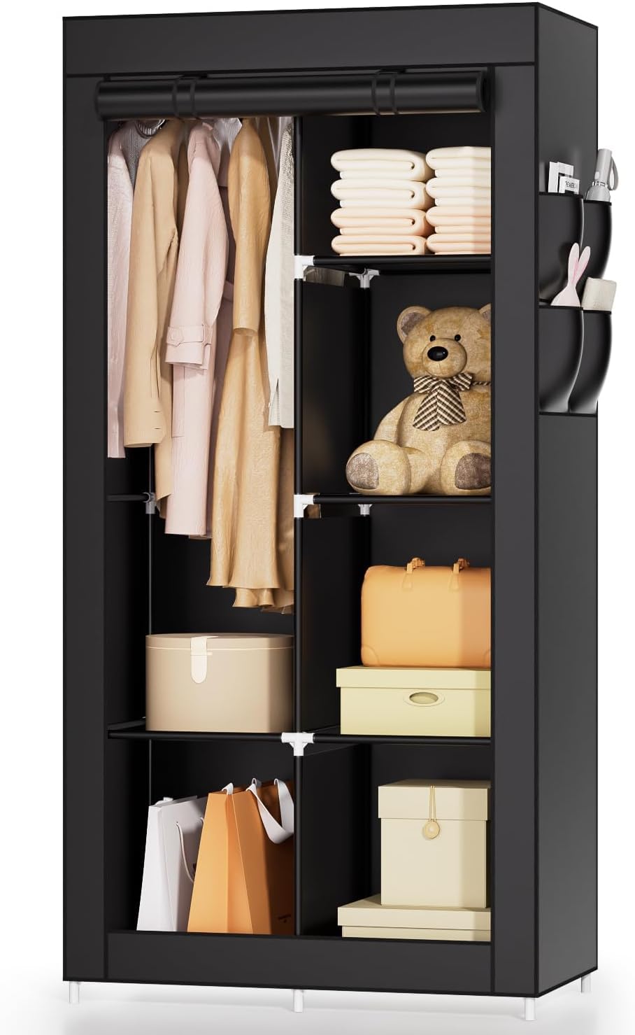 Portable Wardrobe Closet for Small Room, Portable Closets for Hanging Clothes, Clothing Organizer Storage Rack with Cover, 1 Clothes Hanging Rods and 6 Storage Shelves, Portable Closets for Bedroom