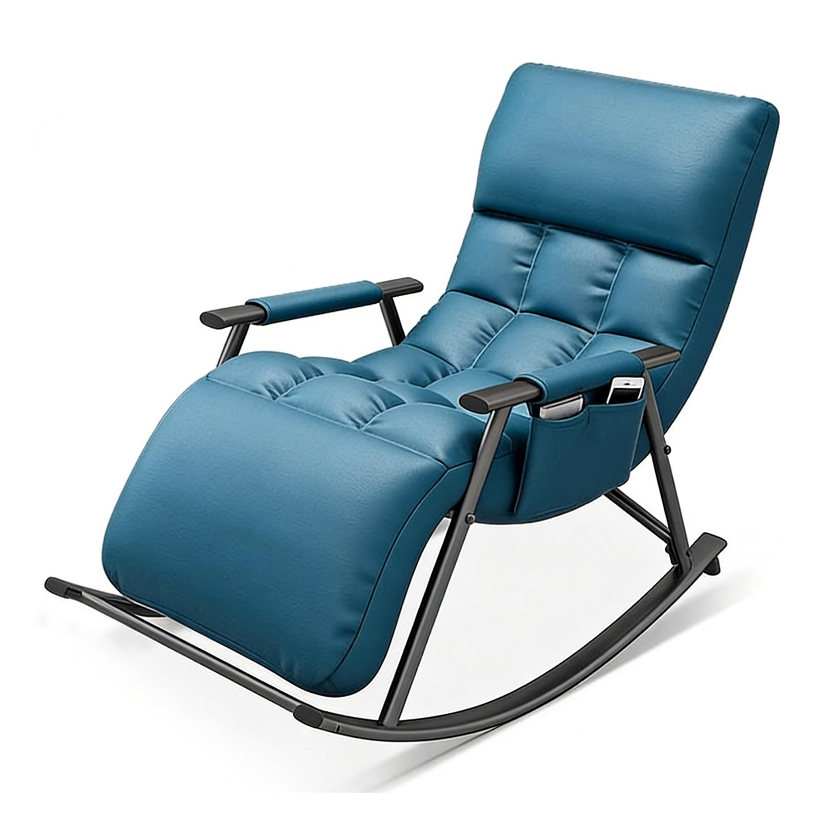GTHTUHFD Rocking Chair With Adjustable High Backrest And Footrest, Comfortable Upholstered Rocker With Side Pockets, Leisure Recliner For Living Room, Bedroom, Balcony,Blue-Black frame