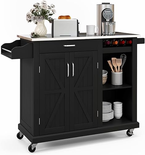 PETSITE Isla de cocina con almacenamiento en ruedas, carrito de isla rodante con mesa de acero inoxidable, armario de puerta de granero, cajón,