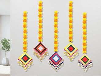 JH Gallery Handmade Artificial Marigold Fluffy Flowers Colorful Woolen Kite Bells Hanging (44 Inches Height Approx. Pack of 5)
