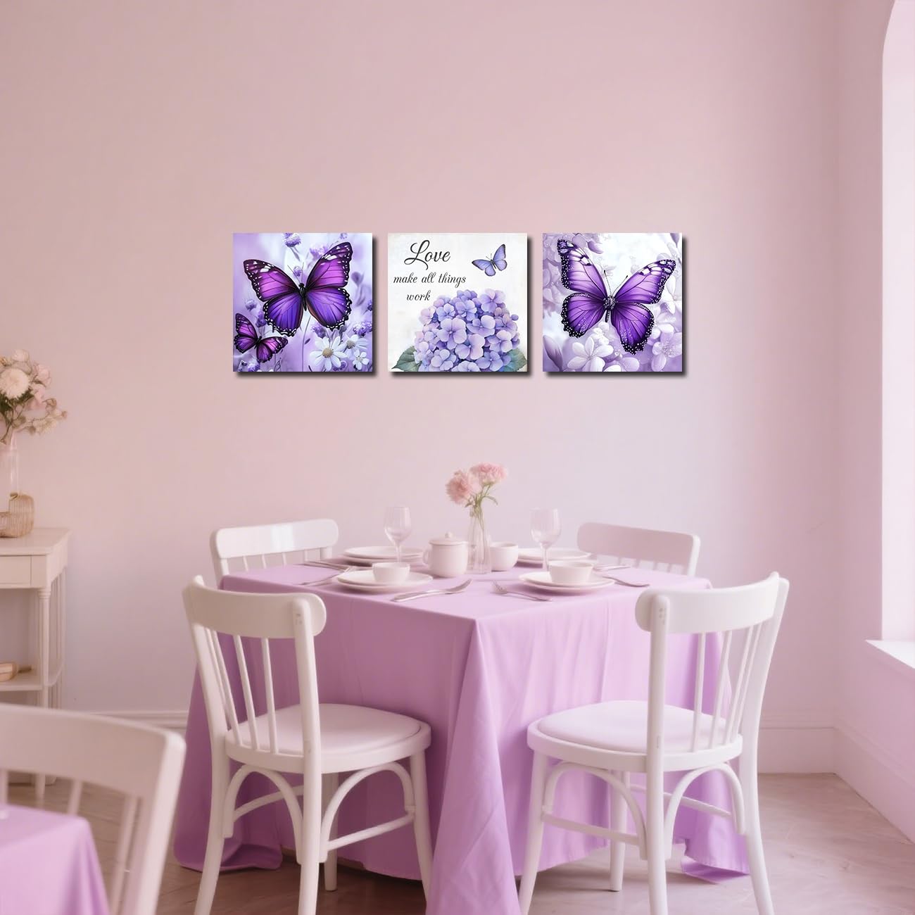 Quadri su Tela con Farfalle e ortensie, Set da 3 Pezzi, con Citazioni motivazionali, Stampe Floreali per Bagno e Ufficio, incorniciati (Viola, 40x40 cm x 3 Pezzi)