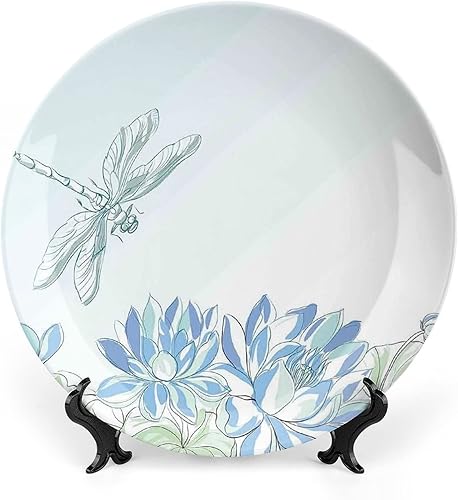 Plato decorativo de 10 pulgadas, plato de cerámica de libélula, flores de nenúfares y libélulas, placa de exhibición de adorno de impresión