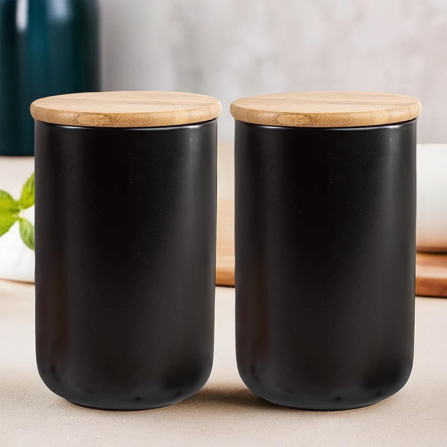 Kuber Industries 1000ml Ceramic Jar for Kitchen Storage | Air tight Container Set with Bamboo Lid | Kitchen Container for Snacks, Tea, Sugar | Multipurpose Organizer | Black | Pack of 2