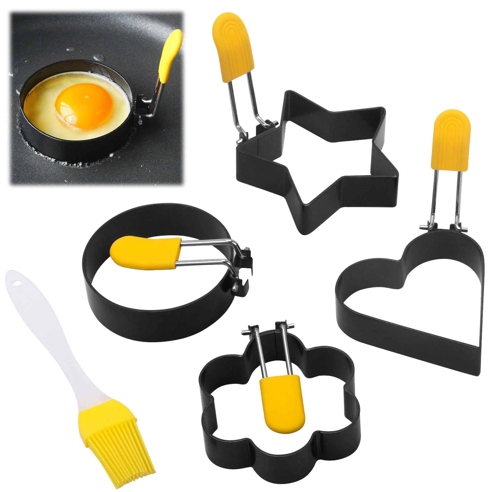 Euablfo 4 Spiegeleiform,Pancake Form,Antihaftbeschichtete Herz Eierringe mit Klappgriffen,Pancake Egg Ring Omelettform für Pfanne Spiegeleier Sandwiches Hackbraten