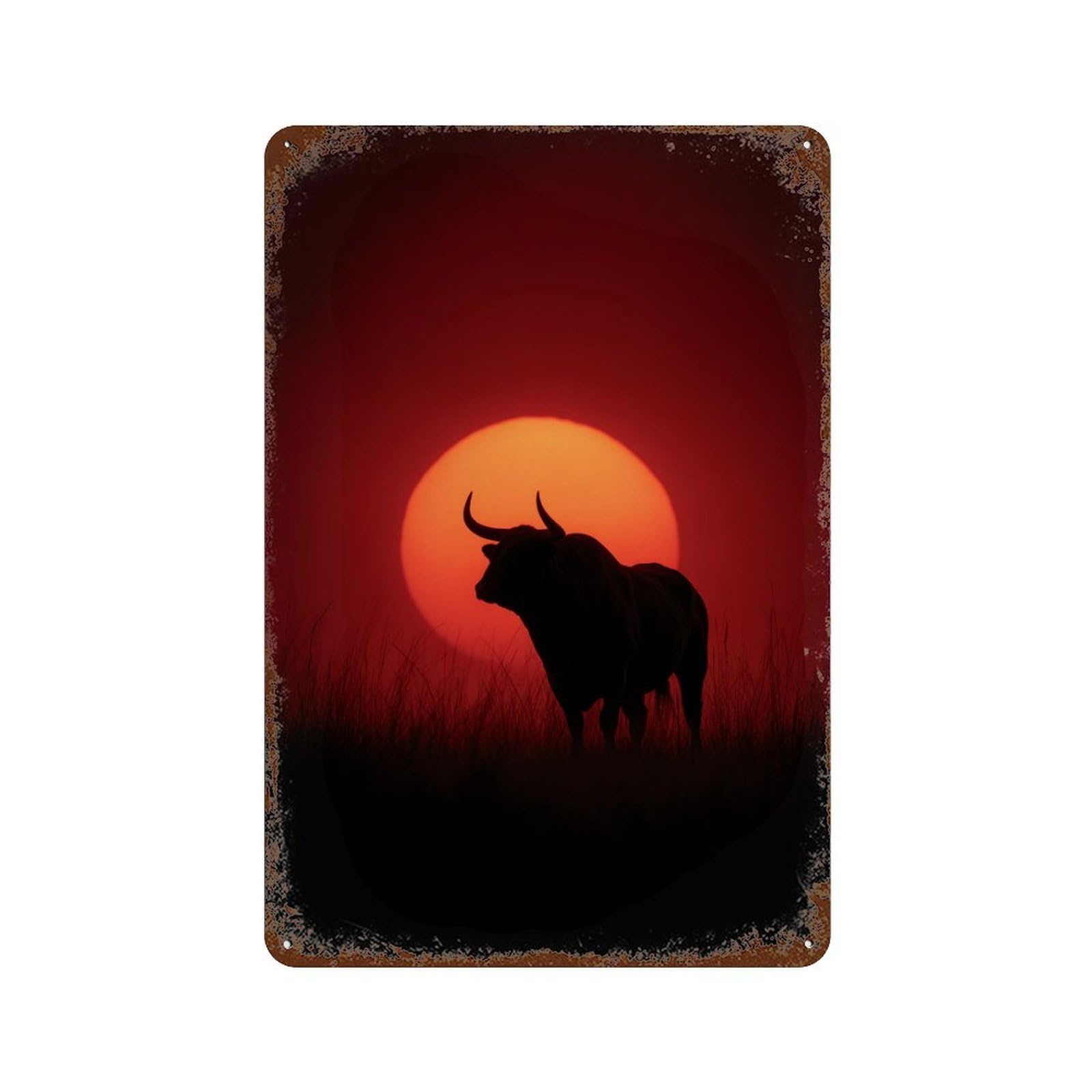 Bull Sunset Silhouette Decorative Tin Sign 11.8"x7.9", for Bistro, Counter And Cafe Decor, Novelty Wall Decor