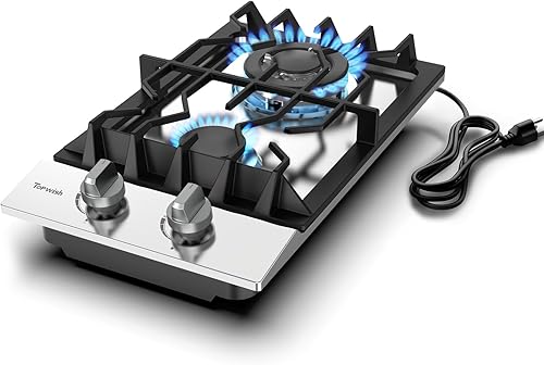 Placa de cocina de gas de 12 pulgadas, estufa de gas integrada convertible GLPGNG con 2 quemadores 18000BTU, estufa de propano de 2 quemadores de