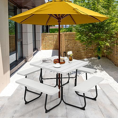 Image of Tangkula 8 Person Picnic Table, Outdoor Square Picnic Table with 4 Built-in Benches, Umbrella Hole, Metal Frame & HDPE Tabletop, Outside Table and Bench Set for Backyard, 2300lbs Weight Capacity