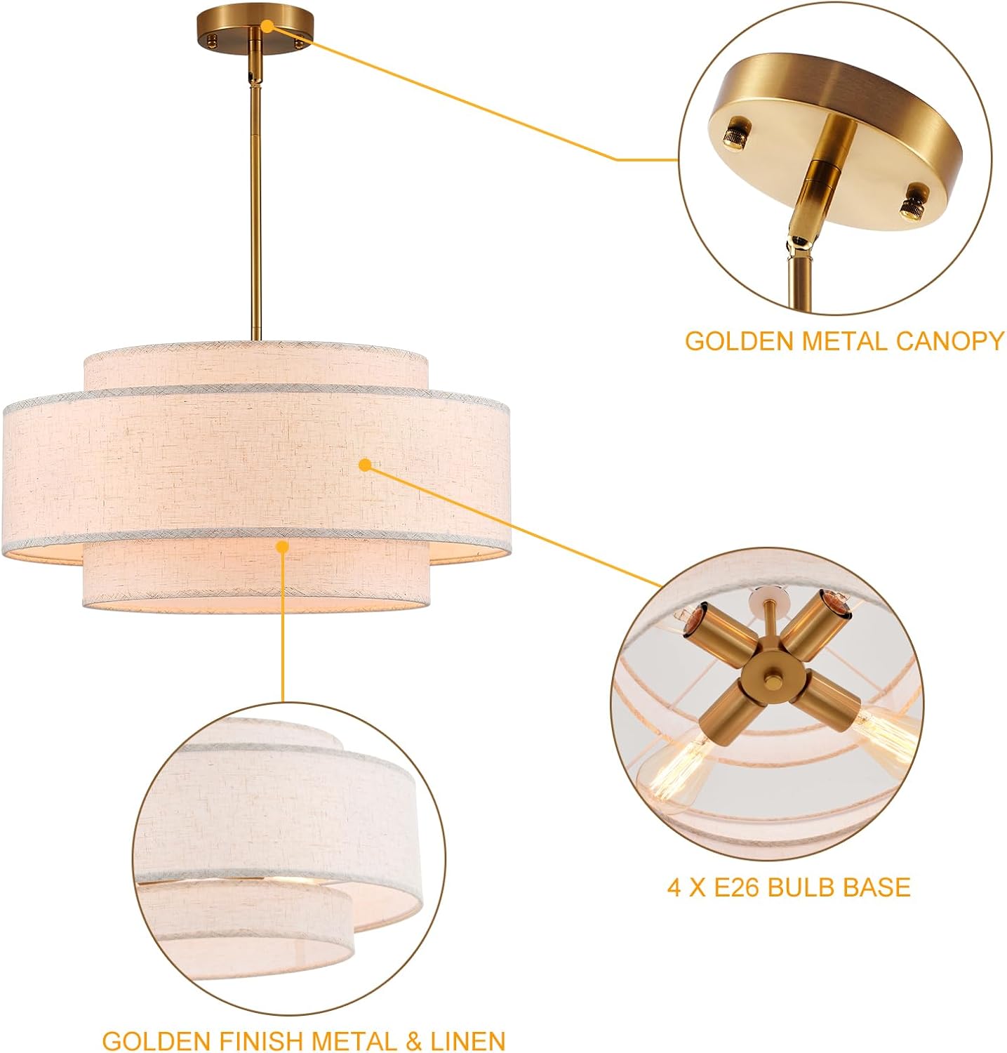 Modern Drum Chandelier Vintage Modern Chandelier Light Fixture with Linen Shade Golden Farmhouse Drum Chandeliers for Dining Room, Kitchen Island, Living Room, Bedroom