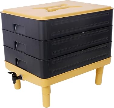 High-Capacity 3-Tray Worm Farm Composter - 65L Indoor/Outdoor Vermicomposting System for Efficient Food Waste Recycling and Organic Gardening, Yellow+Black