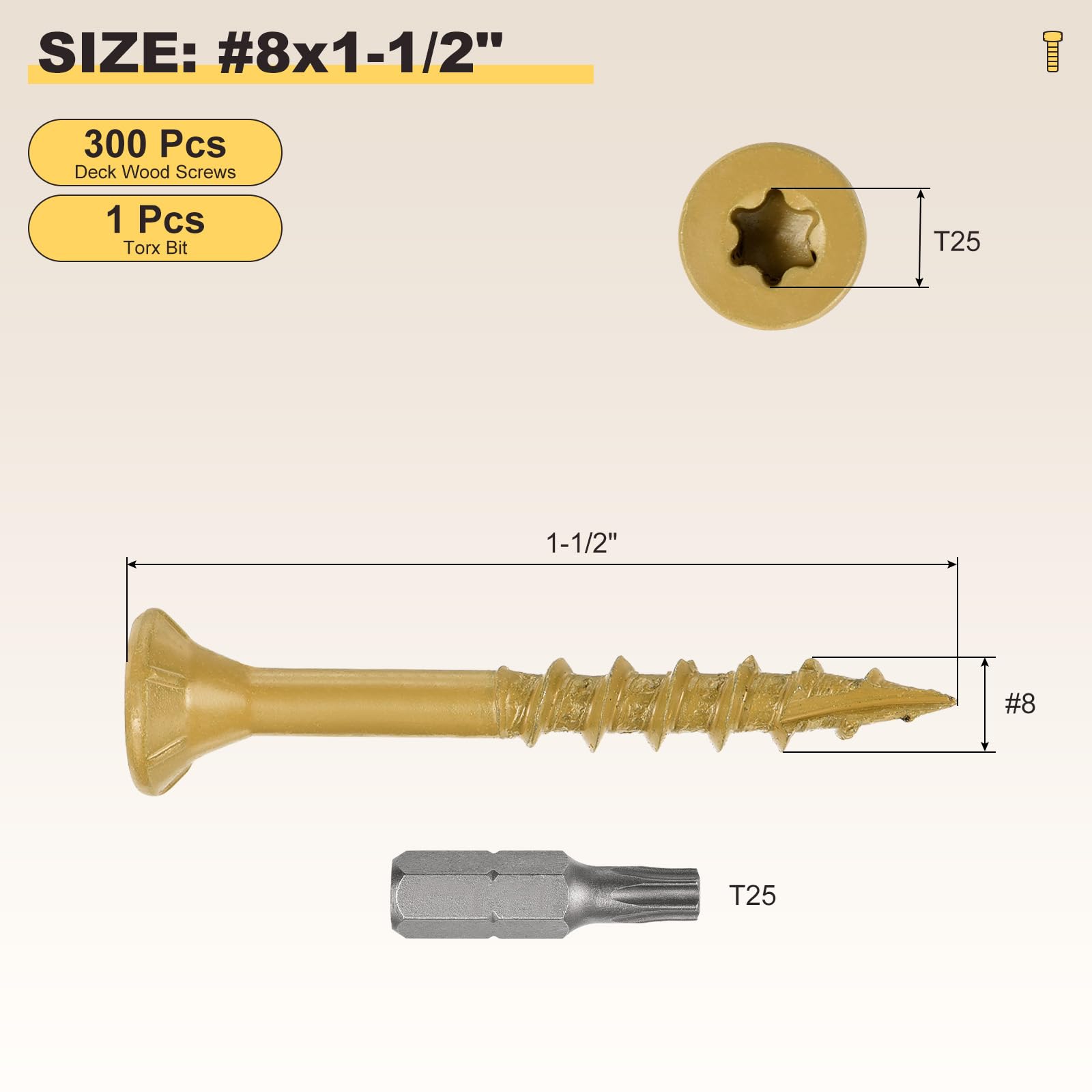 METALLIXITY Deck Screws (#8x1-1/2") 300Pcs, Carbon Steel Wood Screw Decking Screws Epoxy Coated with T25 Torx Drive Head - Image 2