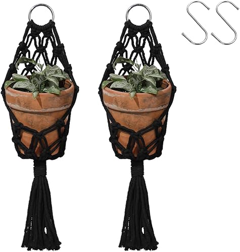 Artilady Paquete de 2 colgadores de macramé negro para plantas de interior, macetas colgantes grandes para plantas de pared, soporte corto de