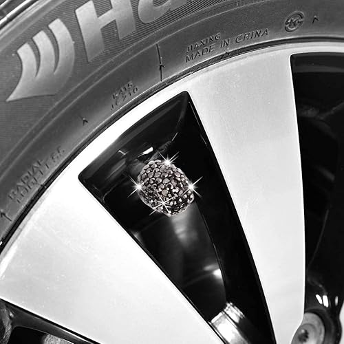 Miniatura 2 de Tapas de vástago de válvula, paquete de 4 tapas universales para neumáticos de automóvil hechas a mano con cristales negros de imitación, cromadas,