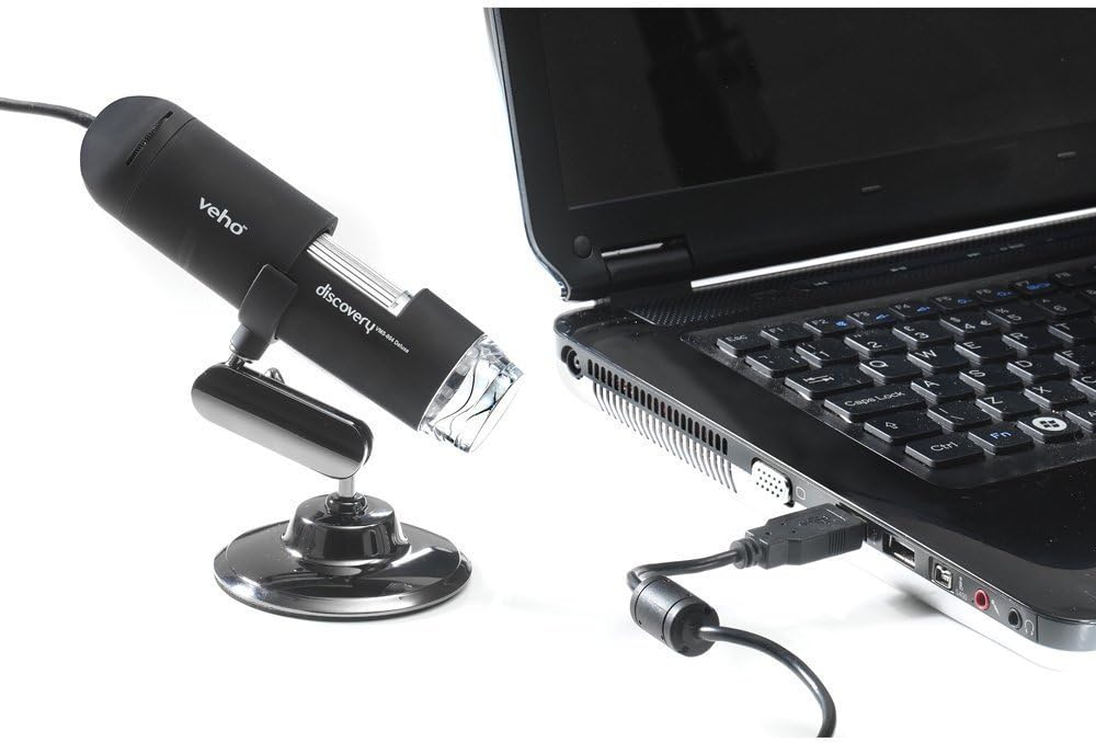 பக்கம் view of the Veho VMS-004 USB Microscope assembled on its stand