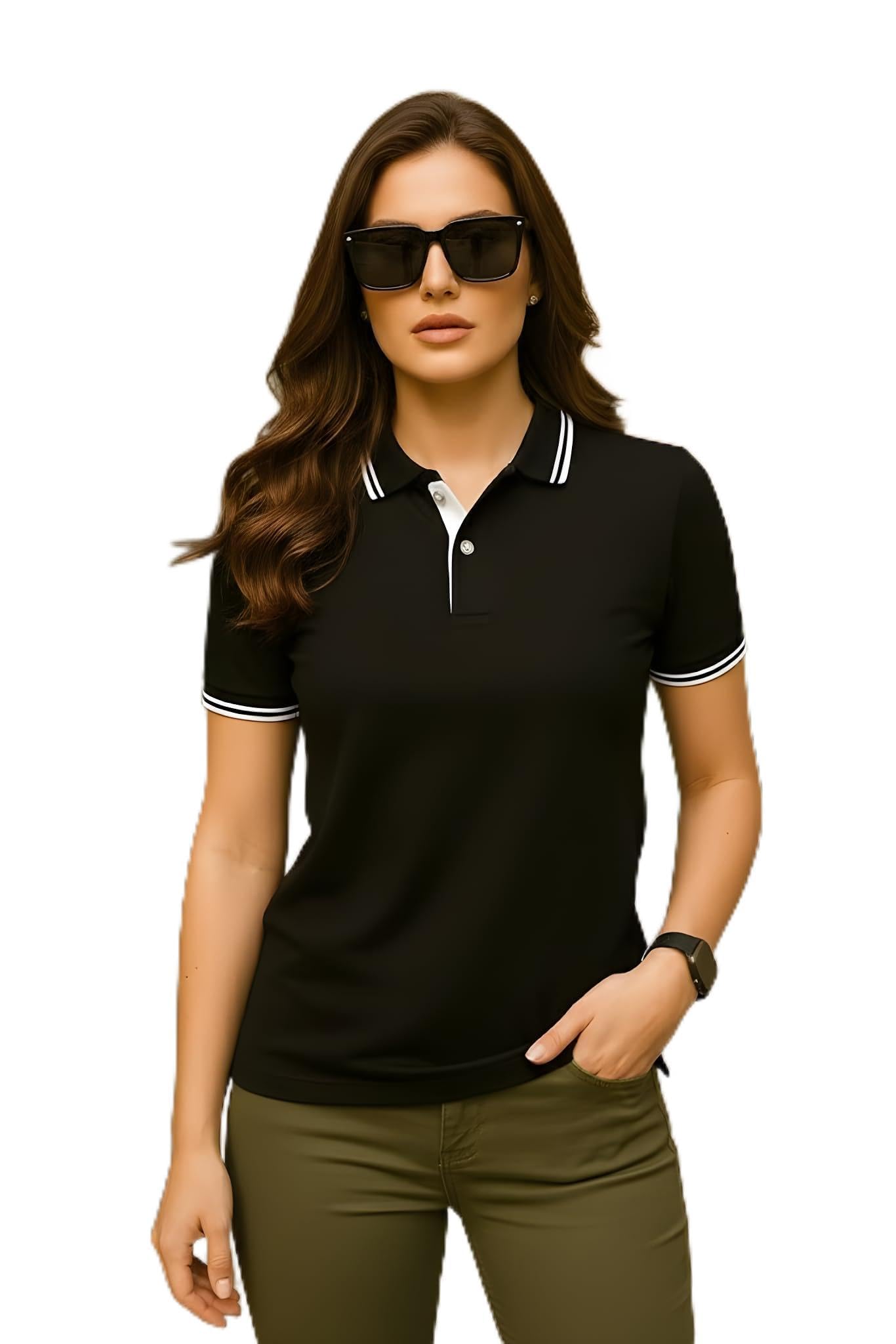 Women's Polo T-Shirt, with White Striped Trim, Short Sleeve Collared Top Tshirt for Woman