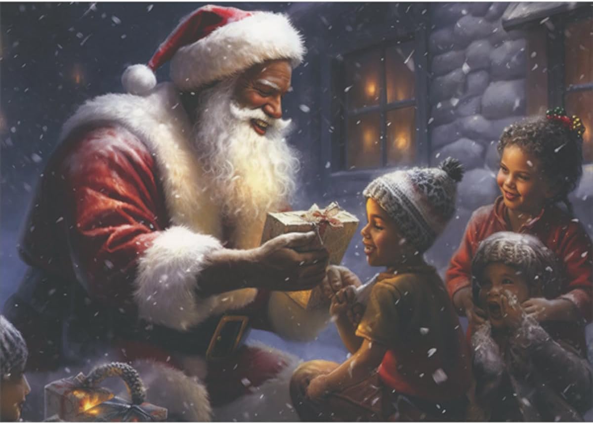 LPG Greetings Santa Giving Gifts to Children in Falling Snowflakes African American Box of 16 Christmas Cards