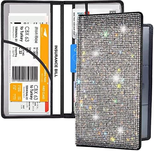 LIFUTOPIA Bing Rhinestone Car Registration and Insurance Document Holder, Glitter card holder, Lether Vehicle Accessories Car Essentials Glove Box Organizer Wallet Case White