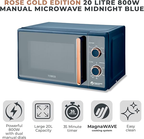 Tower Cavaletto Manual Microwave with 5 Power Levels and 35 Minute Timer, 800W, 20L, Midnight Blue & Rose Gold, T24038MNB - 2