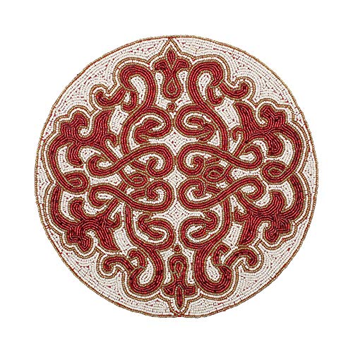 Tischsets mit Perlen, Perlen, rund, weiß, rot, gold, 33 cm, rund, Platzsets für Esstisch, Perlen-Platzsets, Platzdeckchen, Urlaub und Weihnachten, Perlen-Glitzer-Ladegerät Cover