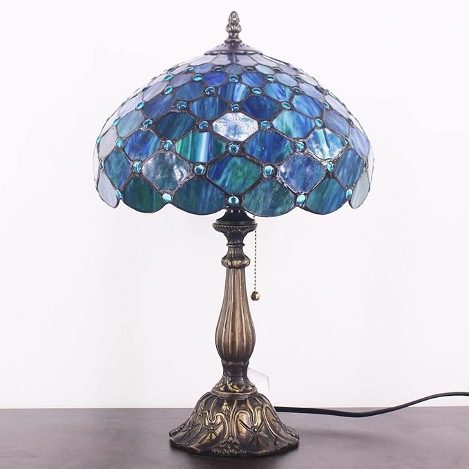 ZJART Tiffany Table Lamp Stained Glass Lamp 12X12X19 Inch Antique Reading Light (Sea Blue Pear) photo 2